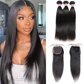 Meetu Hair Peruvian Straight Virgin Human Hair 3 Bundles with 4x4 Lace Closure
